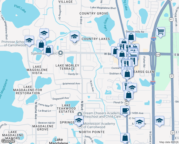 map of restaurants, bars, coffee shops, grocery stores, and more near 14921 Old Pointe Road in Tampa