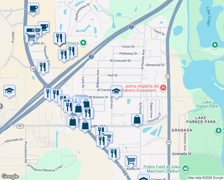 map of restaurants, bars, coffee shops, grocery stores, and more near 500 West Carver Street in Lakeland