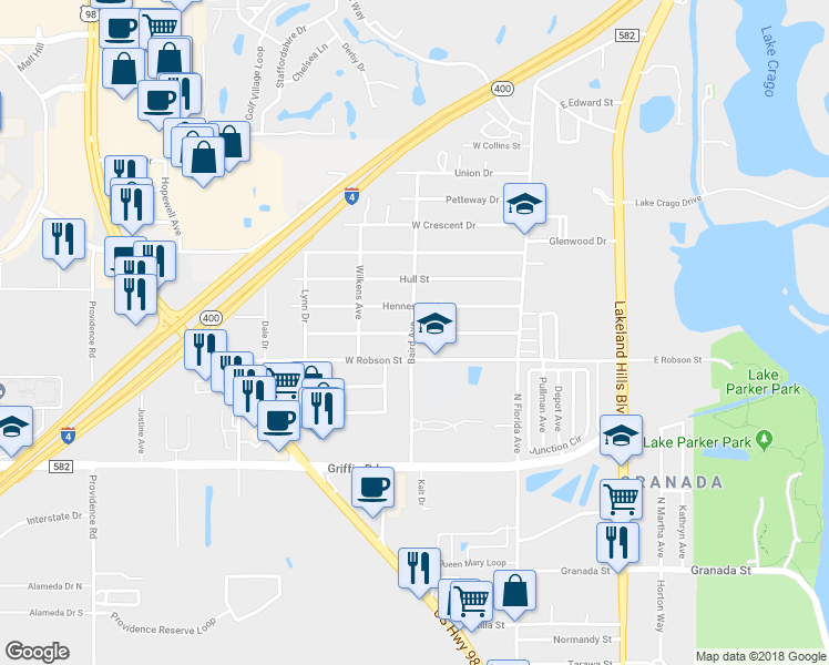 map of restaurants, bars, coffee shops, grocery stores, and more near 411 West Carver Street in Lakeland