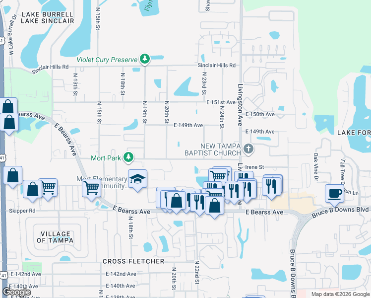 map of restaurants, bars, coffee shops, grocery stores, and more near 2010 East 148th Avenue in Lutz