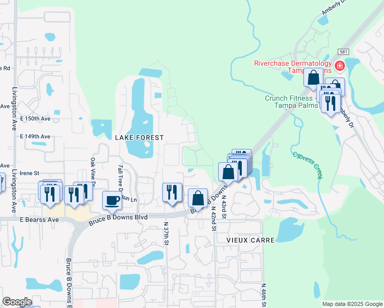 map of restaurants, bars, coffee shops, grocery stores, and more near 14733 Norwood Oaks Drive in Tampa