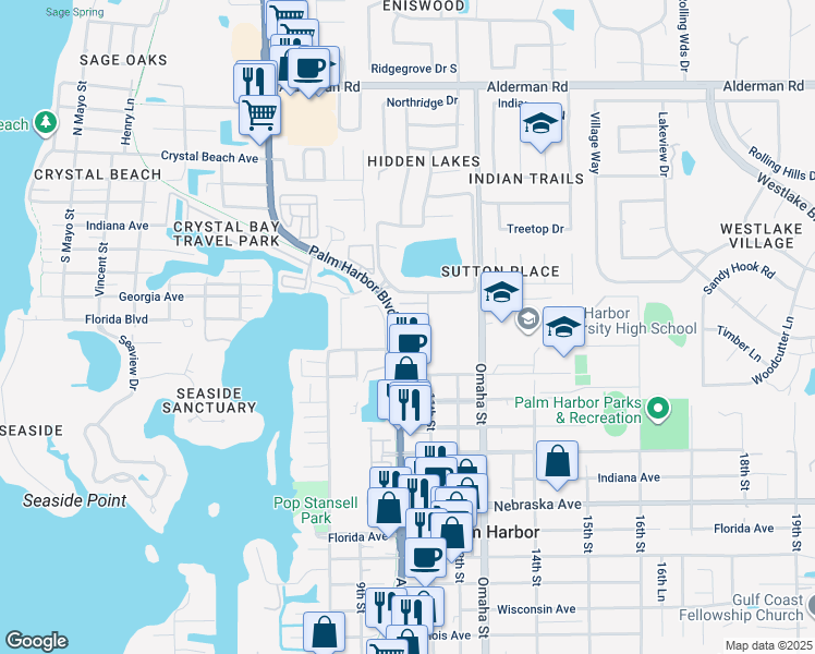 map of restaurants, bars, coffee shops, grocery stores, and more near 1785 Orange Boulevard Way in Palm Harbor
