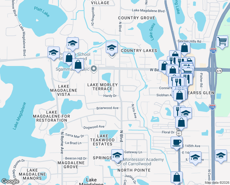 map of restaurants, bars, coffee shops, grocery stores, and more near 14903 Philmore Road in Tampa