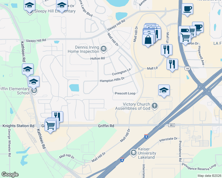 map of restaurants, bars, coffee shops, grocery stores, and more near 3639 Prescott Loop in Lakeland
