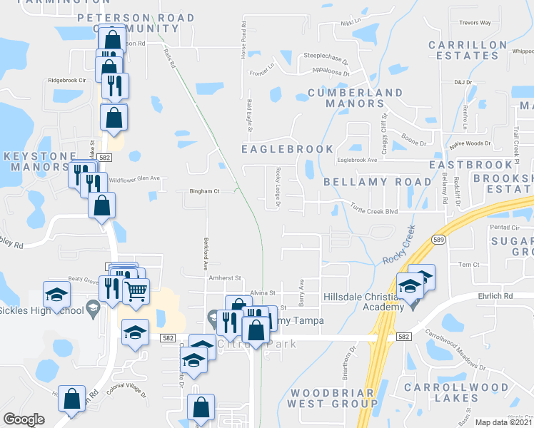 map of restaurants, bars, coffee shops, grocery stores, and more near 15004 Rocky Ledge Drive in Tampa