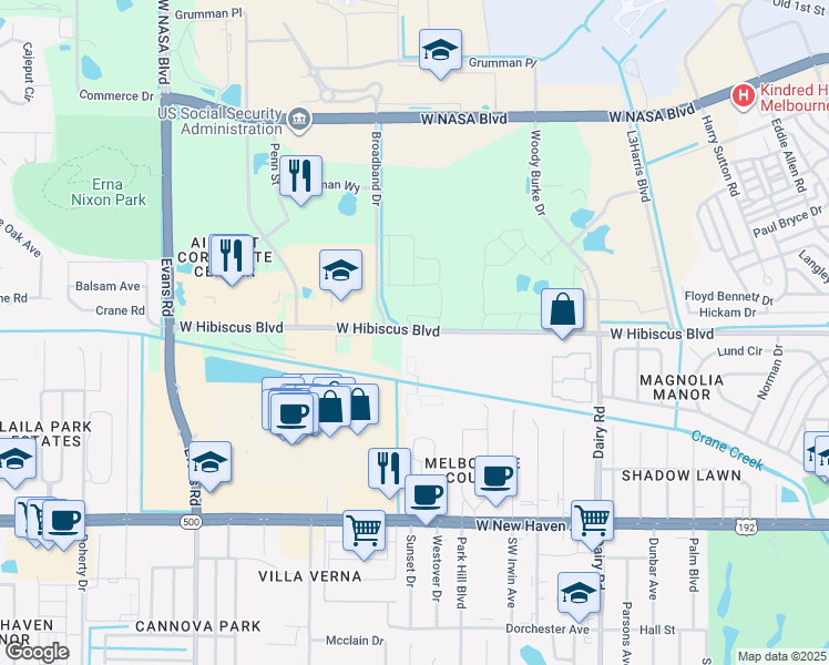 map of restaurants, bars, coffee shops, grocery stores, and more near 1110 West Hibiscus Boulevard in Melbourne