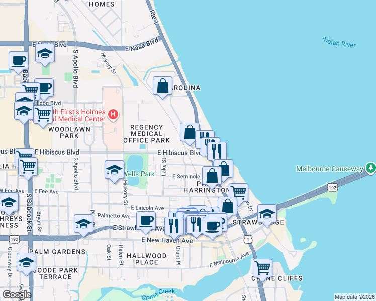 map of restaurants, bars, coffee shops, grocery stores, and more near 804 East Hibiscus Boulevard in Melbourne