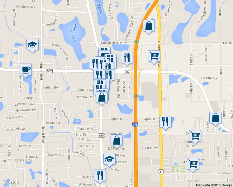 map of restaurants, bars, coffee shops, grocery stores, and more near 14989 North Florida Avenue in Tampa