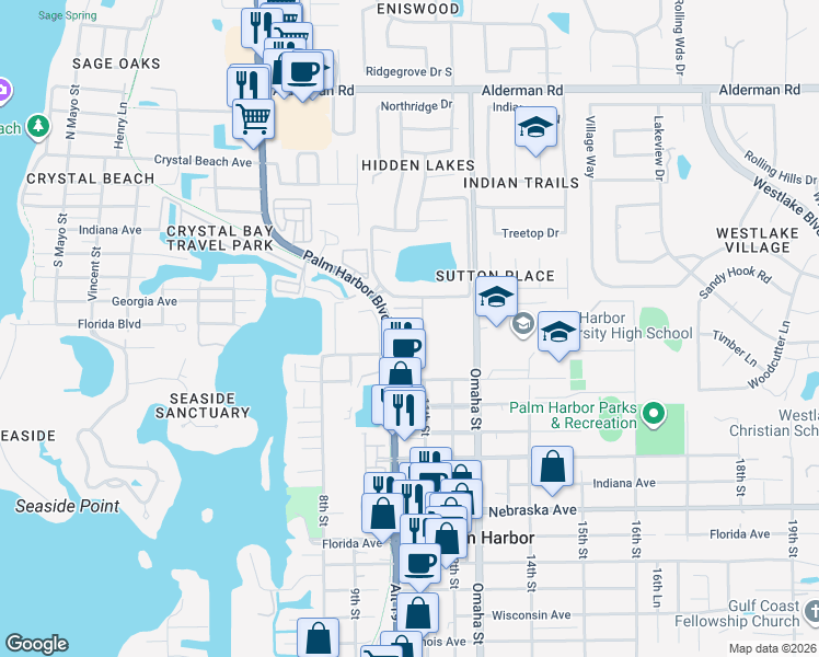 map of restaurants, bars, coffee shops, grocery stores, and more near 1915 Orange Boulevard Way in Palm Harbor