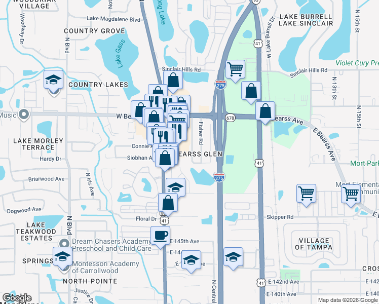 map of restaurants, bars, coffee shops, grocery stores, and more near 14989 North Florida Avenue in Tampa
