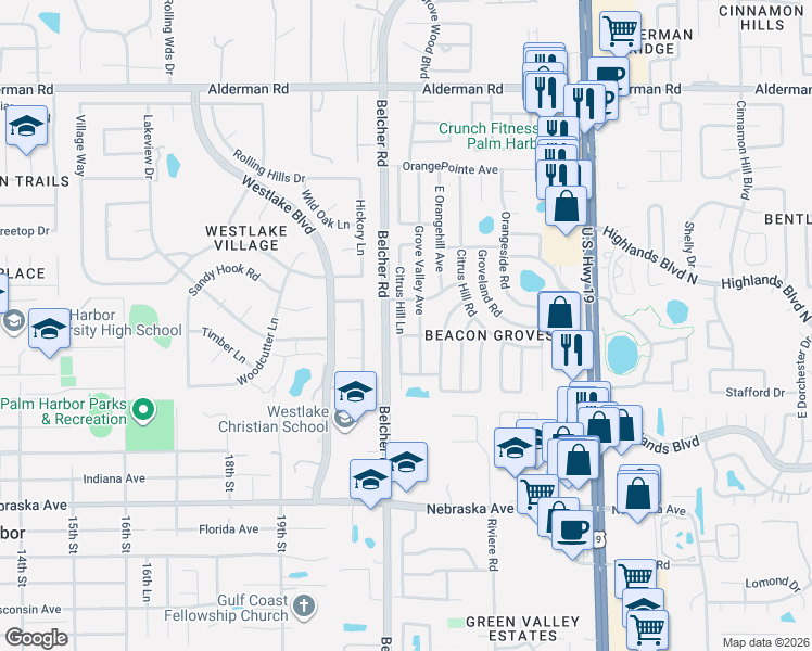 map of restaurants, bars, coffee shops, grocery stores, and more near 2095 Grove Valley Avenue in Palm Harbor