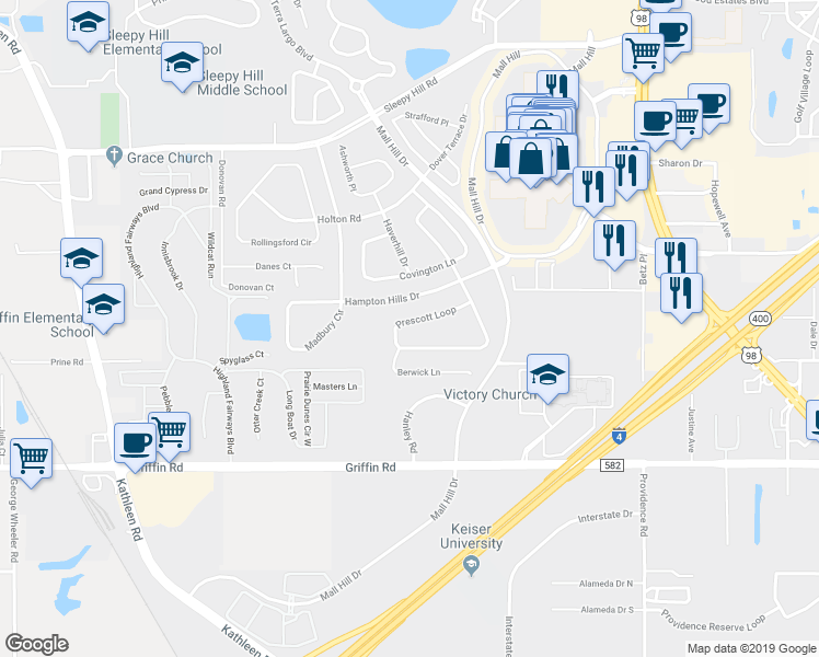 map of restaurants, bars, coffee shops, grocery stores, and more near 3620 Prescott Loop in Lakeland