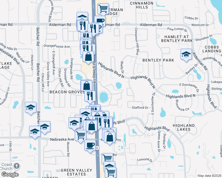 map of restaurants, bars, coffee shops, grocery stores, and more near 2656 Camille Drive in Palm Harbor