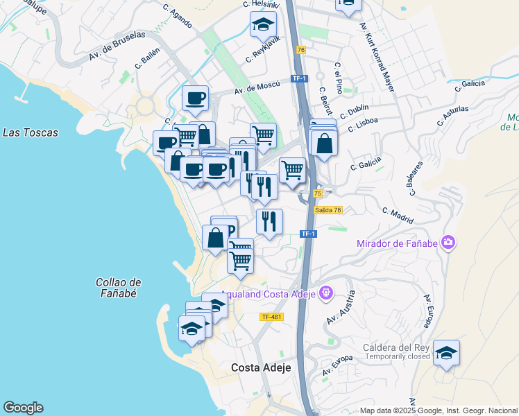 map of restaurants, bars, coffee shops, grocery stores, and more near 4 Avenida Ernesto Sarti in Costa Adeje