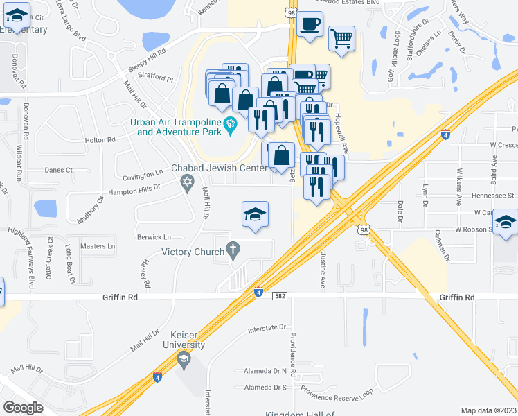 map of restaurants, bars, coffee shops, grocery stores, and more near 3310 Betz Place in Lakeland