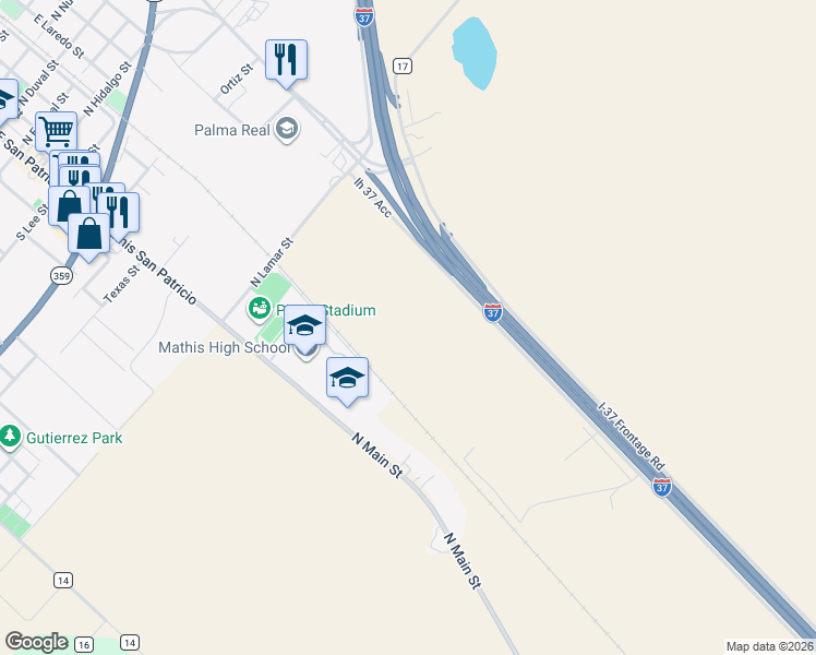 map of restaurants, bars, coffee shops, grocery stores, and more near in Mathis