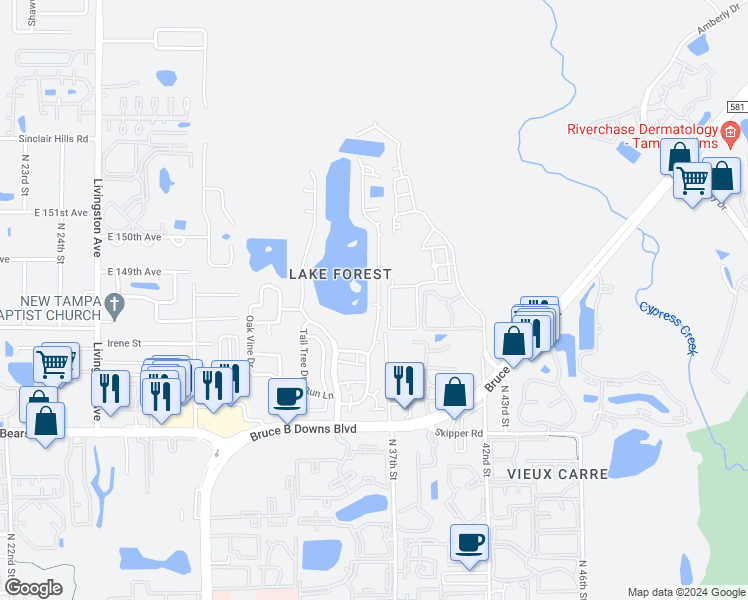 map of restaurants, bars, coffee shops, grocery stores, and more near 14752 Morning Drive in Lutz