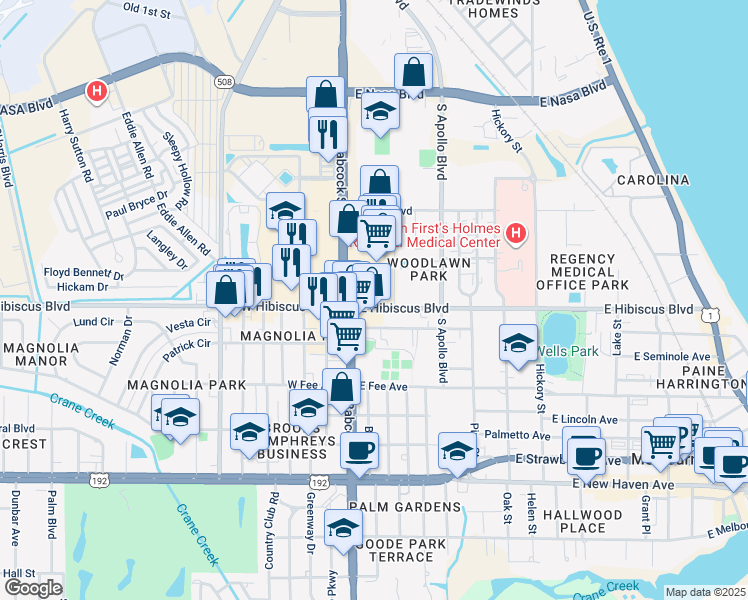 map of restaurants, bars, coffee shops, grocery stores, and more near 1437 S Babcock St in Melbourne