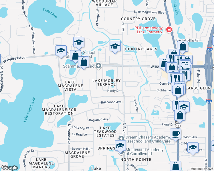 map of restaurants, bars, coffee shops, grocery stores, and more near 14906 Lejuene Lane in Tampa