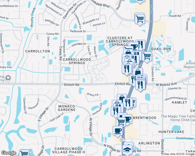 map of restaurants, bars, coffee shops, grocery stores, and more near 14905 Arbor Springs Circle in Tampa
