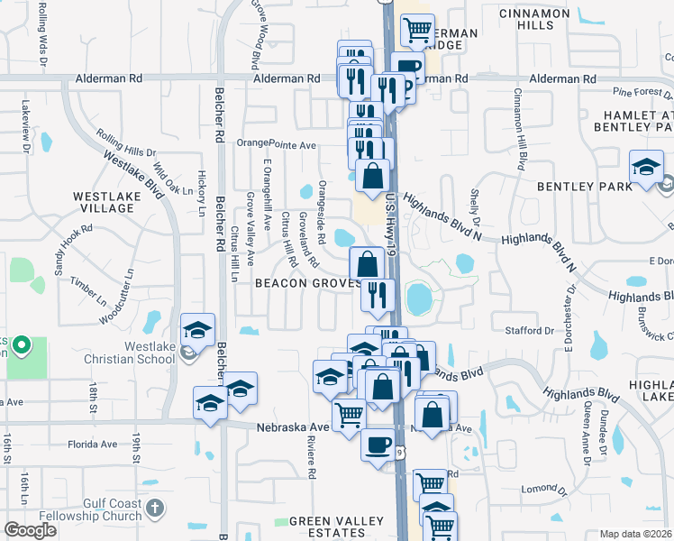 map of restaurants, bars, coffee shops, grocery stores, and more near 1946 Orangeside Road in Palm Harbor