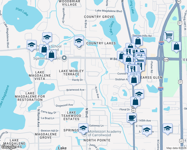 map of restaurants, bars, coffee shops, grocery stores, and more near 816 Settlers Road in Tampa
