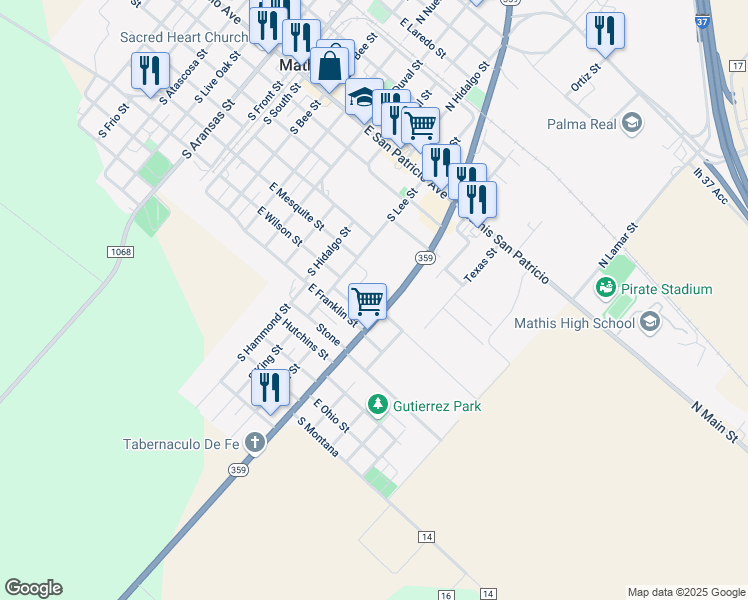 map of restaurants, bars, coffee shops, grocery stores, and more near 515 South Rio Street in Mathis