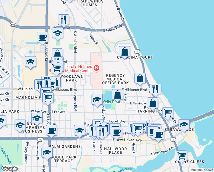 map of restaurants, bars, coffee shops, grocery stores, and more near 1405 Hickory Street in Melbourne