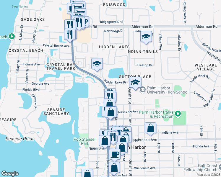 map of restaurants, bars, coffee shops, grocery stores, and more near 1915 Orange Boulevard Way in Palm Harbor