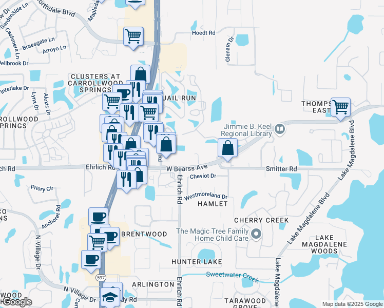 map of restaurants, bars, coffee shops, grocery stores, and more near 3401 West Bearss Avenue in Tampa