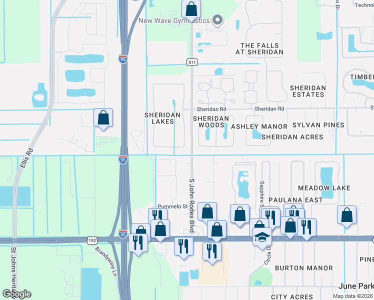 map of restaurants, bars, coffee shops, grocery stores, and more near 638 Sheridan Woods Drive in Melbourne