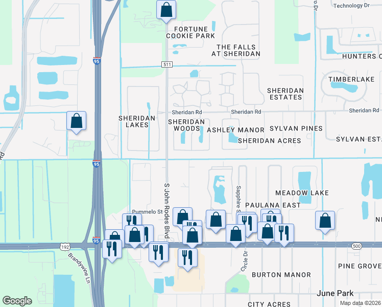 map of restaurants, bars, coffee shops, grocery stores, and more near 651 Sheridan Woods Drive in Melbourne