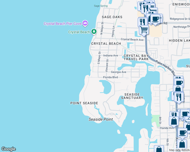 map of restaurants, bars, coffee shops, grocery stores, and more near 608 Florida Boulevard in Palm Harbor