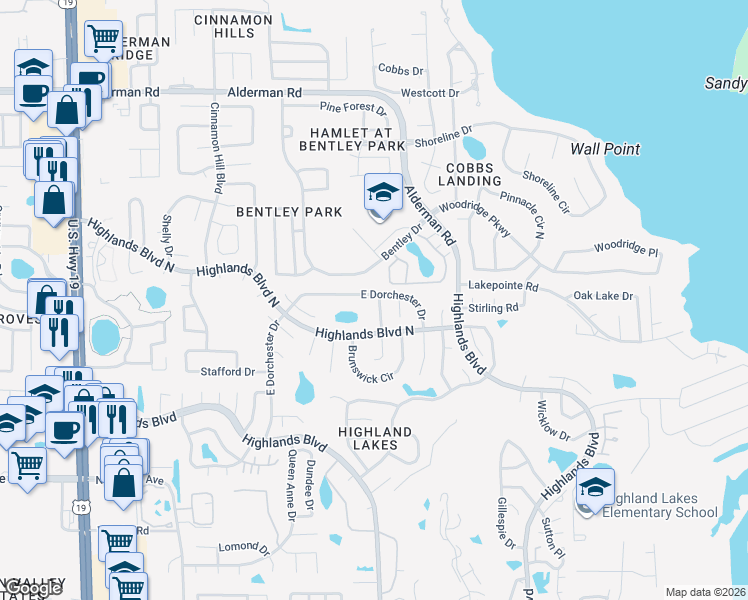 map of restaurants, bars, coffee shops, grocery stores, and more near 3207 East Dorchester Drive in Palm Harbor