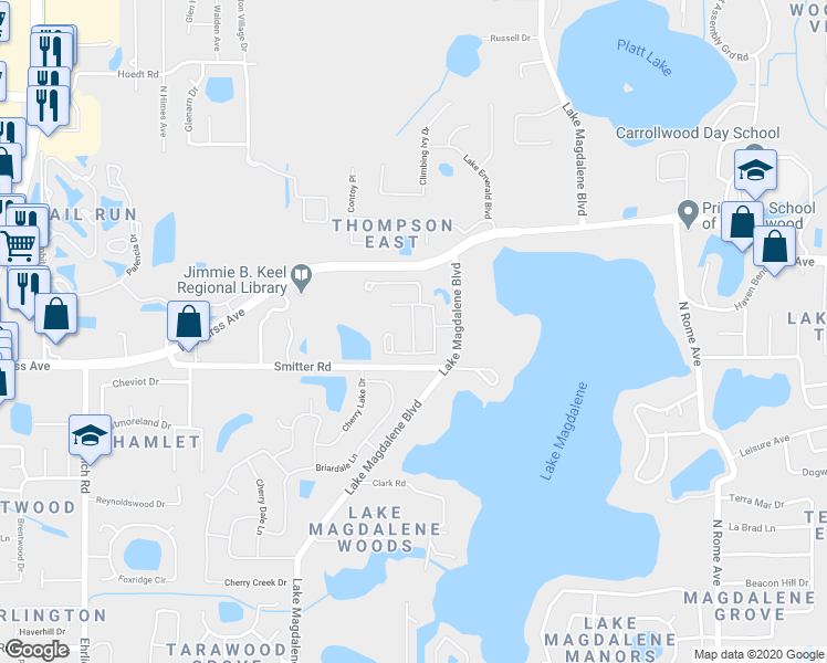 map of restaurants, bars, coffee shops, grocery stores, and more near 14201 Cheshire Acres Place in Tampa