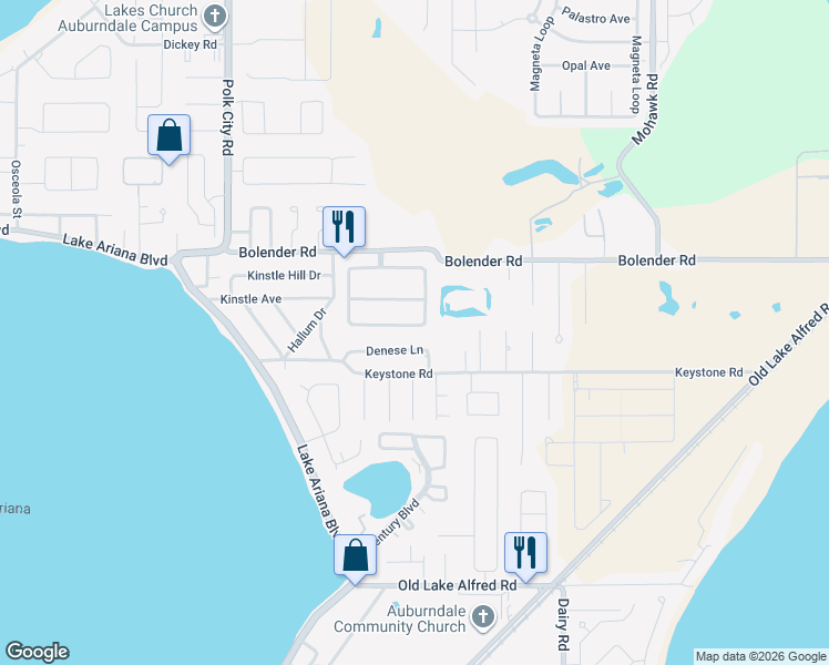 map of restaurants, bars, coffee shops, grocery stores, and more near 332 Pine Shadow Lane in Auburndale