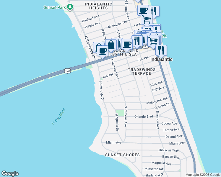 map of restaurants, bars, coffee shops, grocery stores, and more near 419 10th Avenue in Indialantic