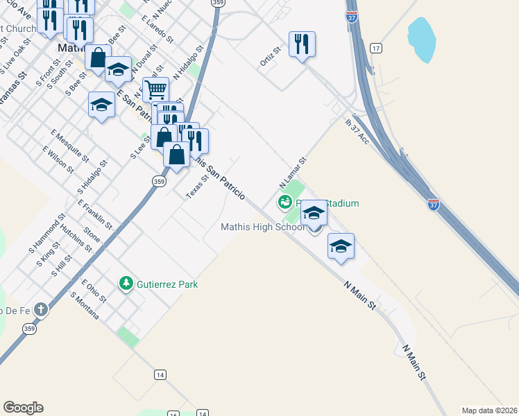 map of restaurants, bars, coffee shops, grocery stores, and more near 103 N Lamar St in Mathis