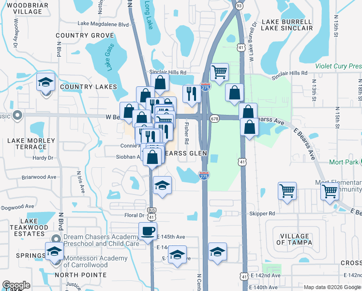 map of restaurants, bars, coffee shops, grocery stores, and more near 14915 Pinecrest Road in Tampa