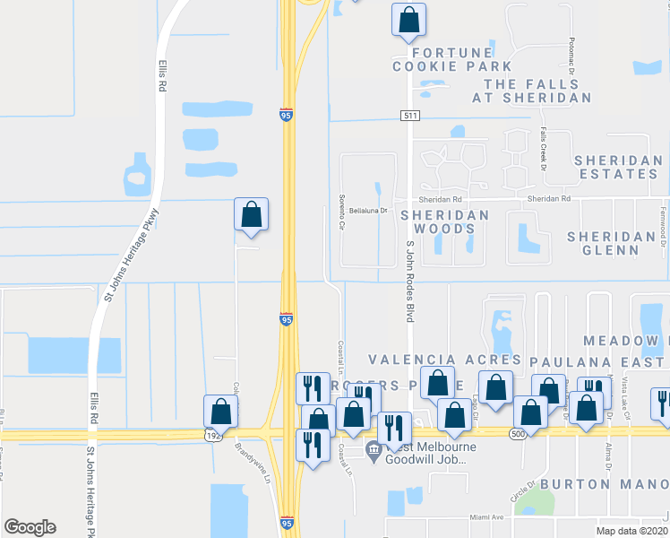 map of restaurants, bars, coffee shops, grocery stores, and more near 1473 Sorento Circle in Melbourne