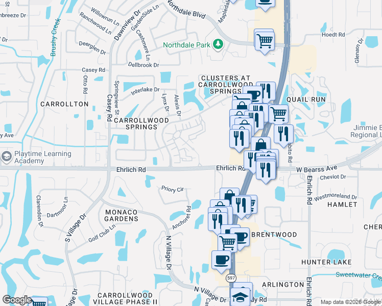 map of restaurants, bars, coffee shops, grocery stores, and more near 14905 Arbor Springs Circle in Tampa