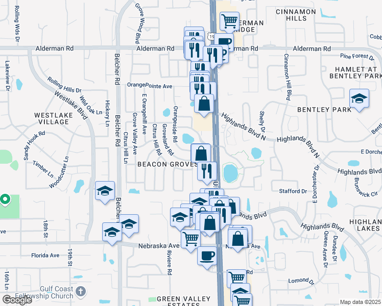 map of restaurants, bars, coffee shops, grocery stores, and more near 1946 Orangeside Road in Palm Harbor