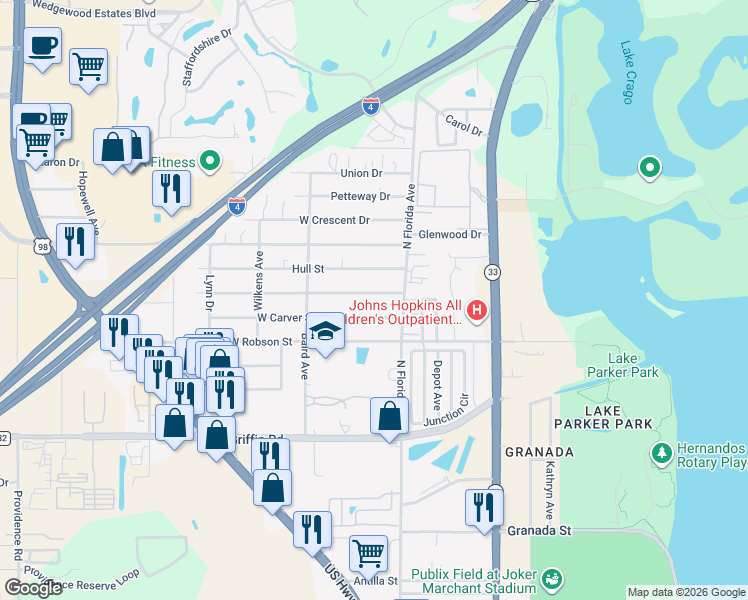 map of restaurants, bars, coffee shops, grocery stores, and more near 208 Hennessee Street in Lakeland