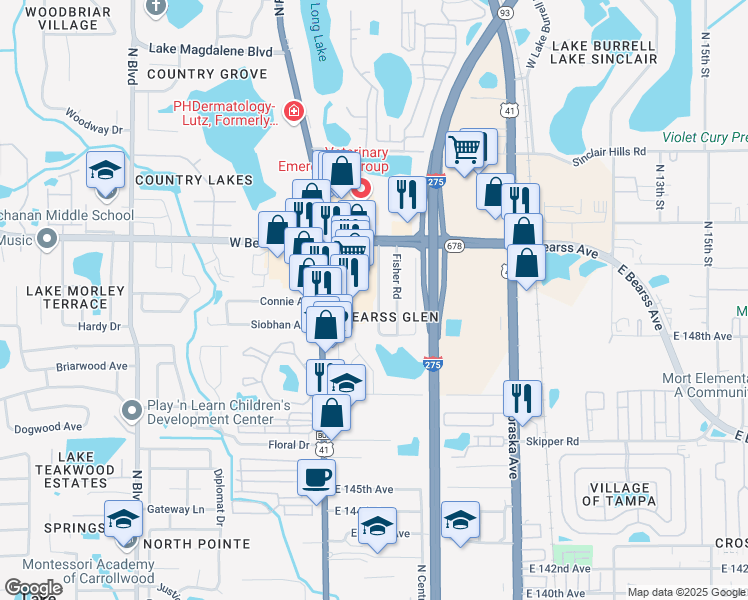 map of restaurants, bars, coffee shops, grocery stores, and more near 14918 Pine Crest Road in Tampa