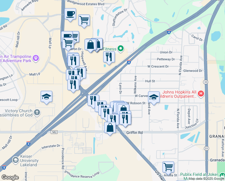 map of restaurants, bars, coffee shops, grocery stores, and more near 3347 Dale Drive in Lakeland