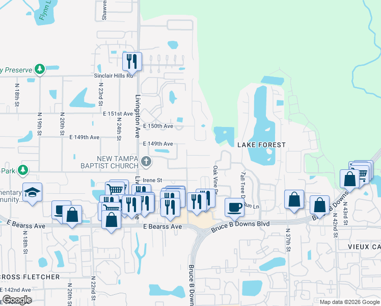 map of restaurants, bars, coffee shops, grocery stores, and more near 3002 East 149th Avenue in Lutz