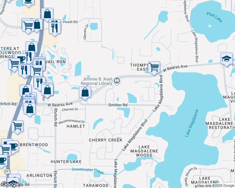 map of restaurants, bars, coffee shops, grocery stores, and more near 14917 Smitter Road in Tampa