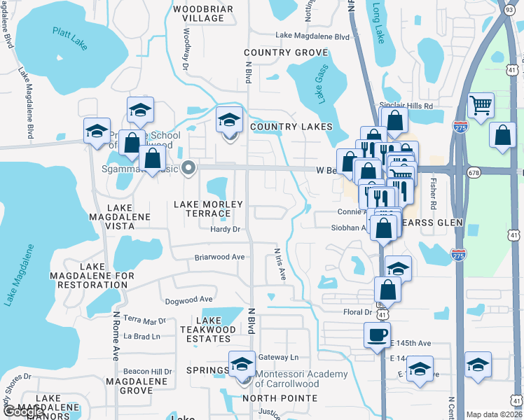 map of restaurants, bars, coffee shops, grocery stores, and more near 816 Settlers Road in Tampa