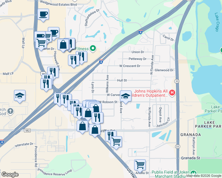 map of restaurants, bars, coffee shops, grocery stores, and more near 612 Hennessee Street in Lakeland