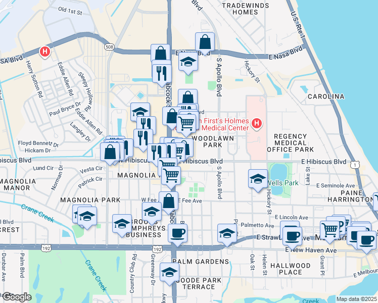 map of restaurants, bars, coffee shops, grocery stores, and more near 1437 S Babcock St in Melbourne